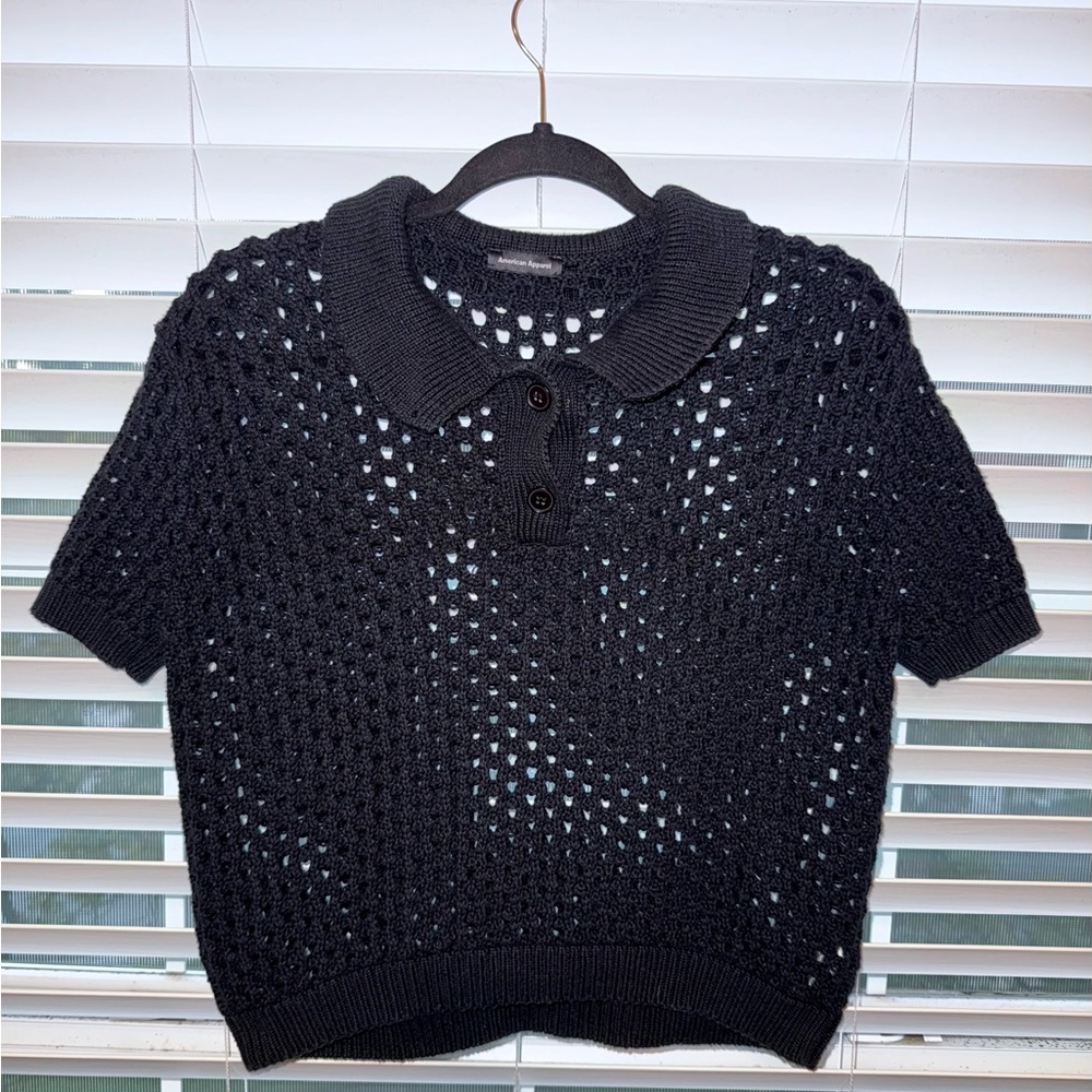 American Apparel Black Crochet Knit Short Sleeve Cropped Shirt
